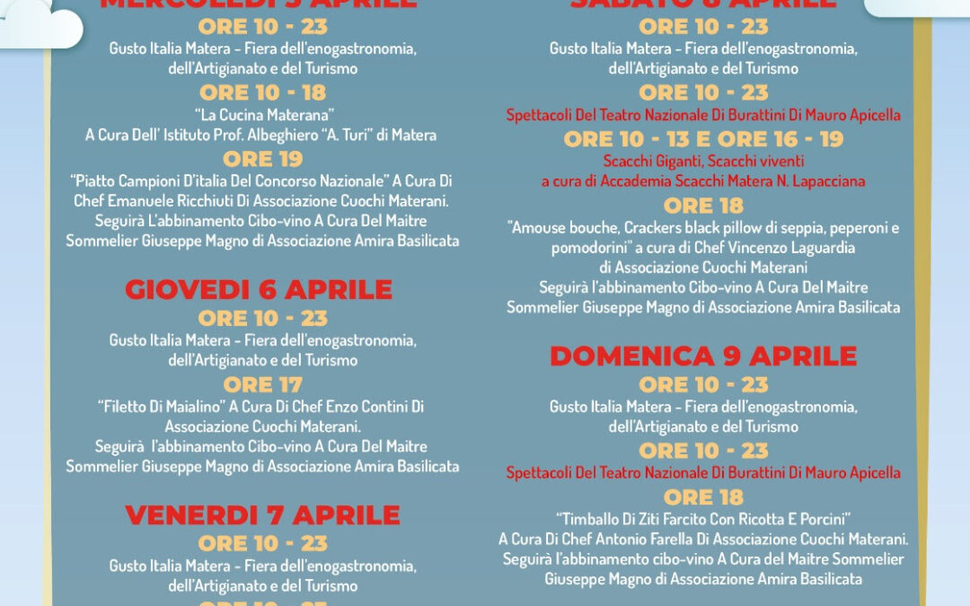 Gusto Italia riparte da Matera: festività pasquali nella città dei Sassi, dal 5 al 10 aprile tra via Luigi La Vista e piazza Vittorio Veneto